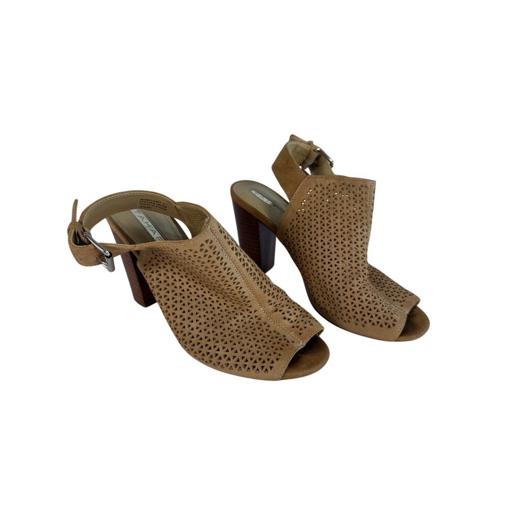 Tahari Cognac Suede Cutout Sandals Size 6.5 Block Heel Peep Toe Slingback